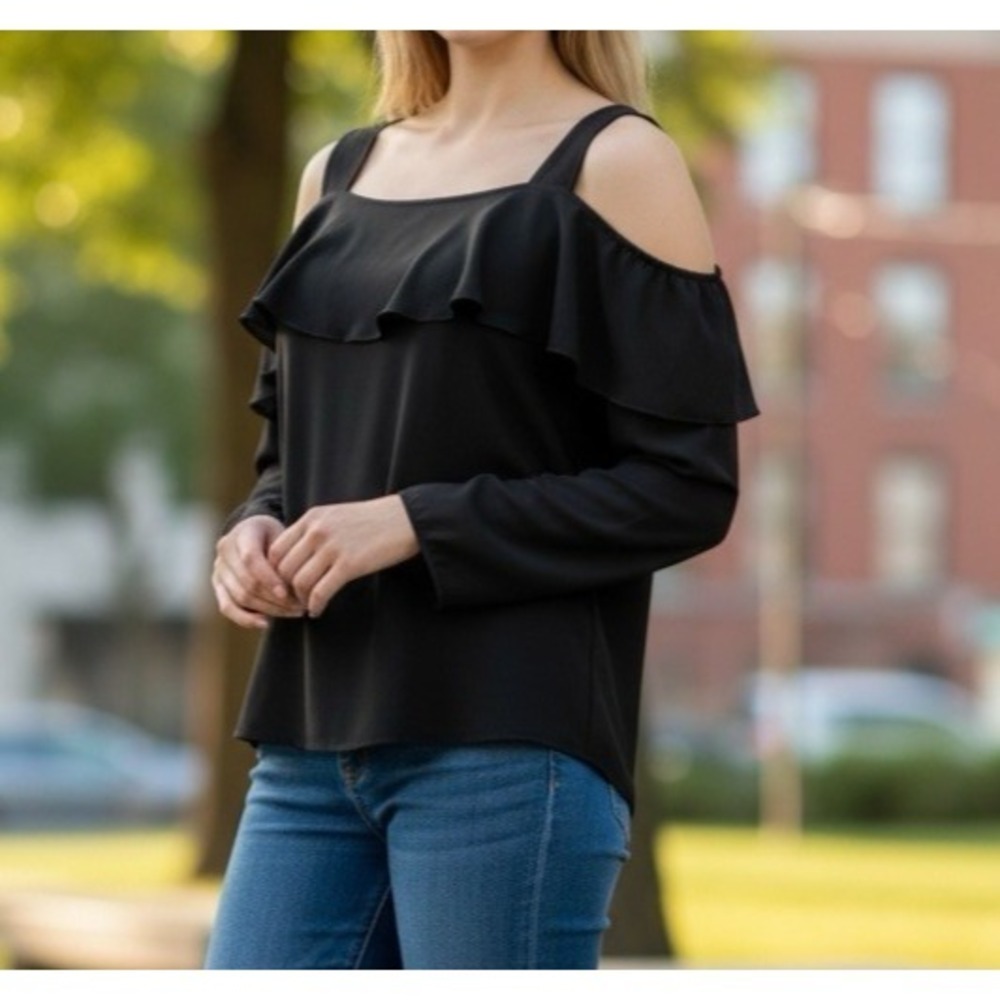 NEW Clara Sun Woo Cold Shoulder Ruffle Top Sz L Black Stretch Wrinkle Free T109